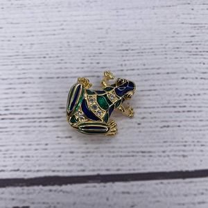 Vintage Small Gold Frog Fashion Pin/Brooch Clear Rhinestones Blue/Green